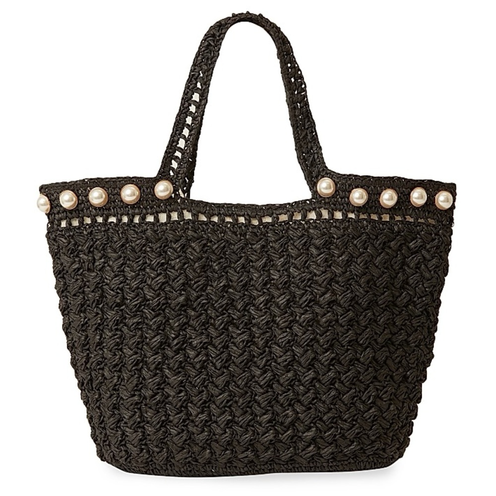 BTB LOS ANGELES Keli Pearl Tote Black Raffia Straw Beach Bag